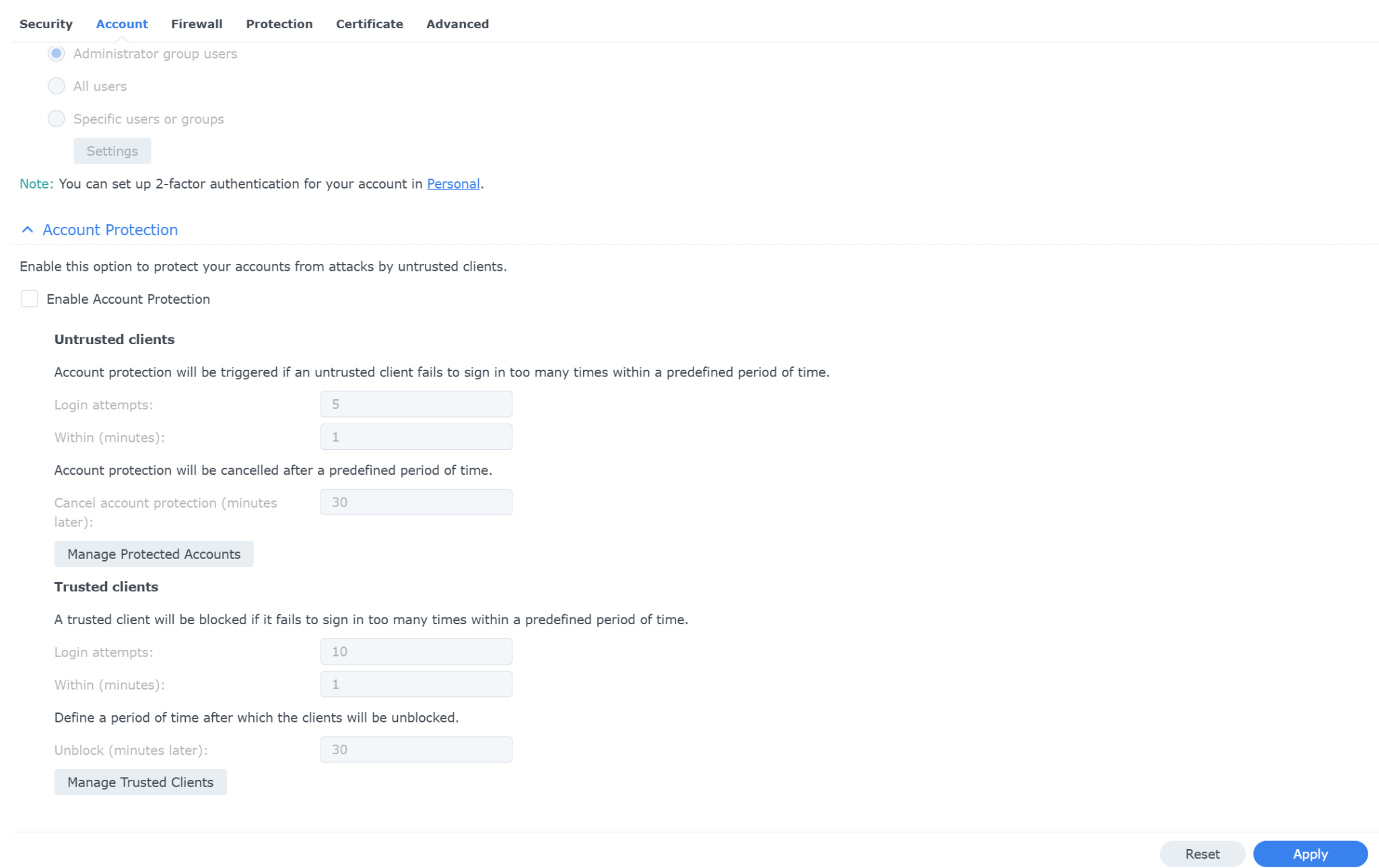 DSM Account Protection settings before the option was enabled, with no personal identifiers shown.