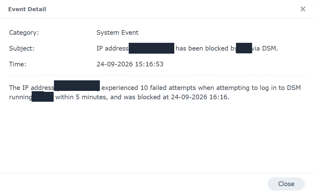 A DSM event reporting ten failed login attempts within five minutes, with the source IP address and NAS name removed.